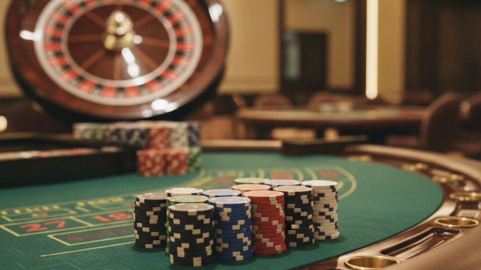 Meja blackjack modern dengan chip premium, kesan terpercaya Dewiku88 2026