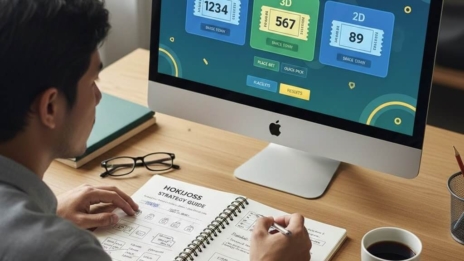 Layar komputer menampilkan tiket togel 4D, 3D, dan 2D di situs resmi dengan strategi Hokijoss.