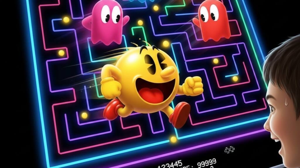 Ilustrasi Pac-Man klasik dengan warna neon dan efek retro arcade, menampilkan pemain pemula menghadapi hantu