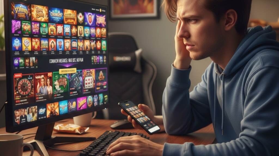 Pemain pemula membuat kesalahan umum saat bermain 12HOKI, terlihat bingung dan fokus pada layar slot online