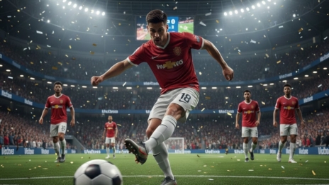 Pemain sepak bola menendang bola dengan penuh semangat di stadion modern penuh penonton, sorotan cahaya dramatis, momen Hokijoss