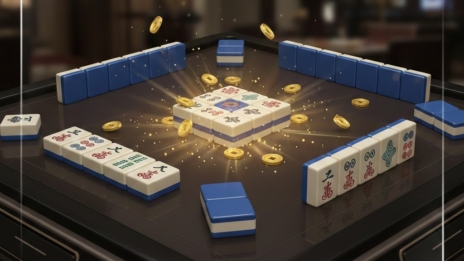Mahjong online bonus besar dengan tampilan meja mahjong modern dan hadiah koin emas
